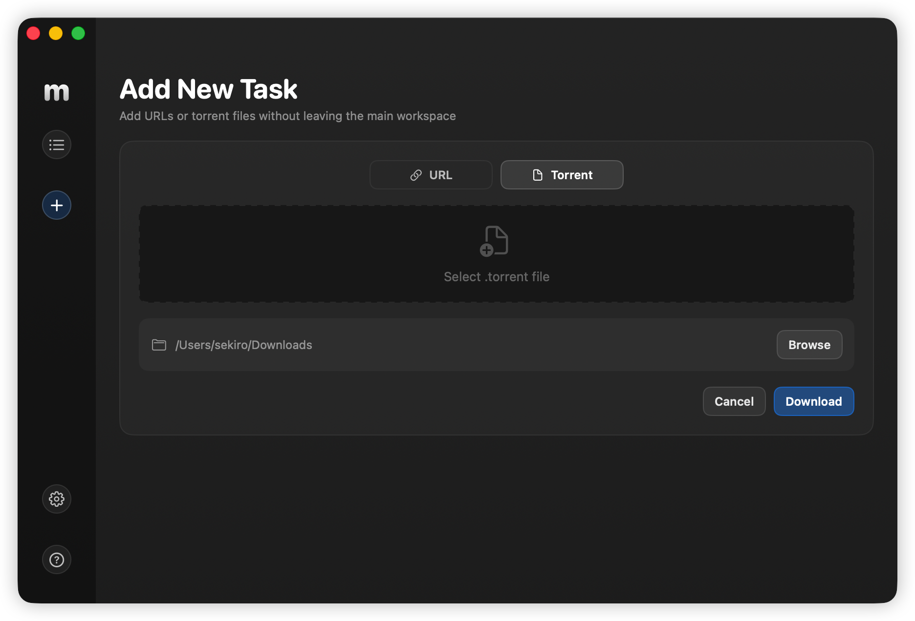 Add task view — URL and Torrent input modes