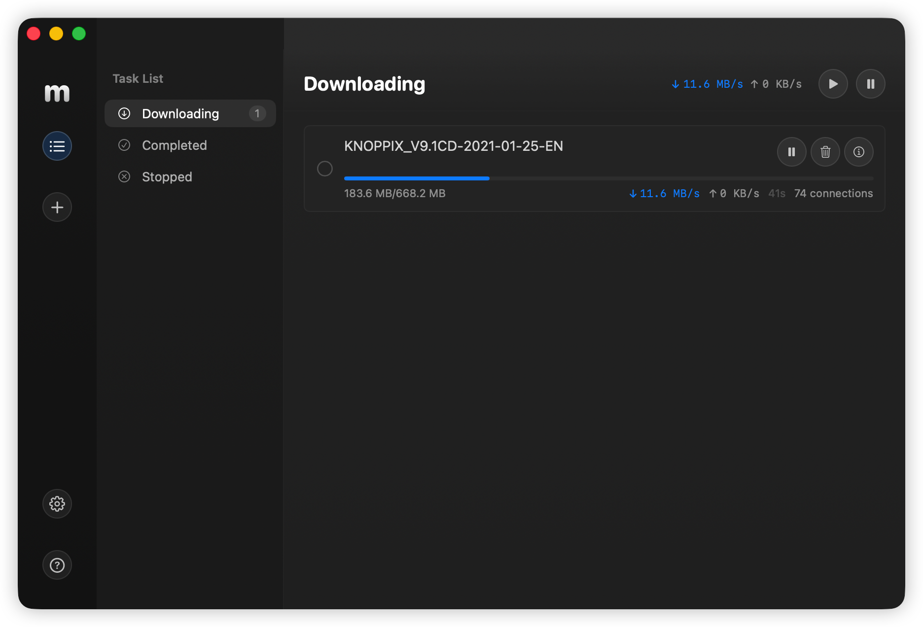 Motrix-Mac main window — active download at 11.6 MB/s